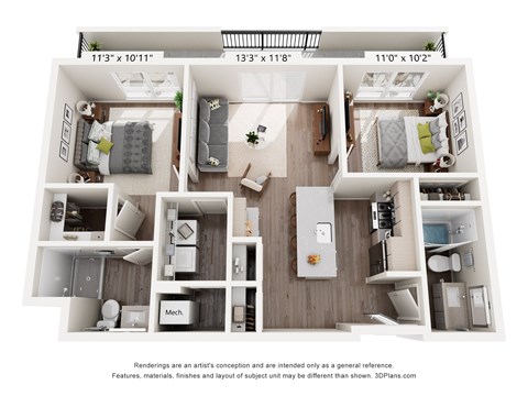 Floor plan for 2 beds, 2 baths, 891 sqft